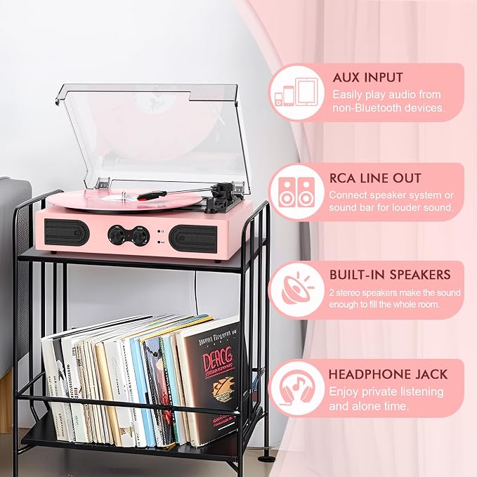 Vinyl Record Player with Built-in Speakers 3-Speed Vintage Record Player Support Treble& Bass Control, 3.5mm Headphone Jack, RCA-Out/Aux in, Belt-Driven LP Turntable,Pink