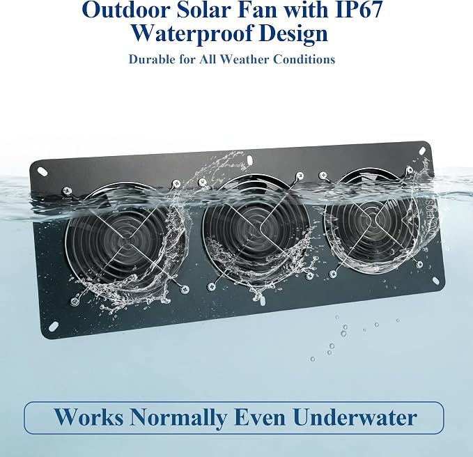 Solar Fan, 25W Solar Exhaust 3-Fan with 7500mAh Battery, Solar Powered Fan for Intake or Exhaust Vent Cooling, Solar Ventilation Fan for Greenhouses, Chicken Coops, Attics, Barns, Sheds, Dog Houses