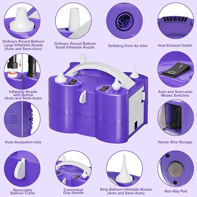 FLSEPAMB Electric Balloon Pump, 3-in-1 Portable Electric Air Balloon Blower Machine Balloon Pump 2 Motor Dual Nozzle Balloon Inflator for Latex 260Q Long Foil Balloons Swimming Rings Air Beds