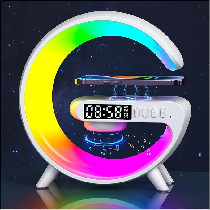 Mini Wireless Speaker Charger, Atmosphere Light with Wireless Charging Function Table Lamp, Bedside Lamp with Alarm Clock & Charging Function, Bedroom Bedside Lamp, Christmas Gifts (White)