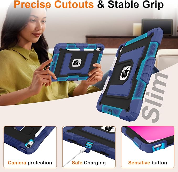 Case for iPad A16 11th/10th Generation 11/10.9 Inch 2025/2022, Ubearkk for iPad a16 case Military Grade Fully-Body Rugged Shockproof Cases with Large Kickstand Pen Holder Shoulder Strap, Navy Black
