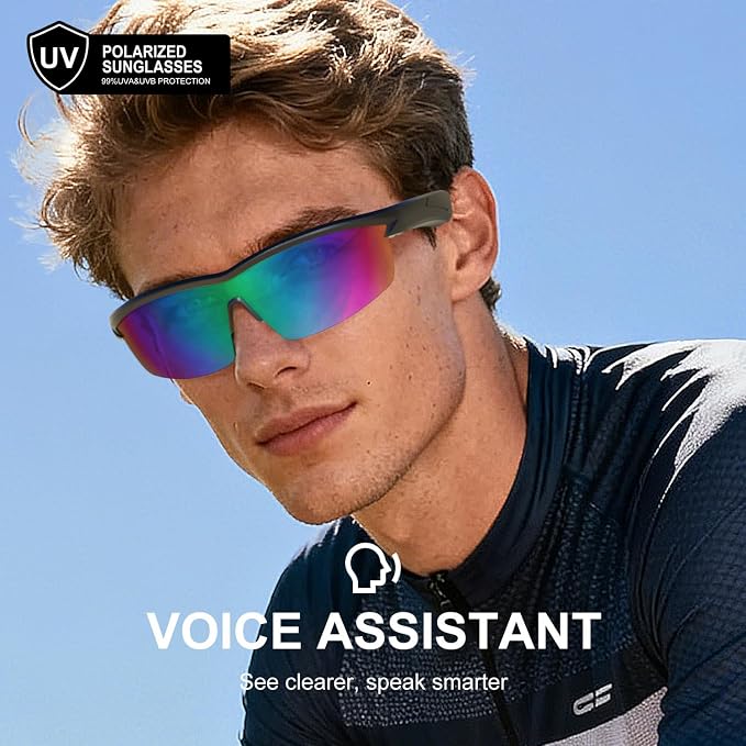 Bluetooth Audio Smart Glasses for Cycling Running Driving | Polarized Sports Sunglasses with Open-Ear Speakers, Hands-Free Calls, Voice Assistant, UV Protection, IPX5 Waterproof for Hiking Fishing