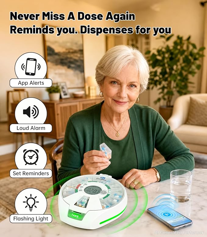 Bluetooth Automatic Pill Dispenser with App, 21 Individual Pods Medication Organizer for Seniors & Caregivers with Tracks Adherence History, Alarms & Light Alerts, Key Lock, for Vitamins Supplements
