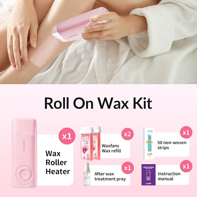 Waxfans Roll On Wax Kit, Wax Roller Kit, Waxing Kit for Women & Men,Cera Para Depilar for Home Hair Removal on Body and Legs, with 2 Rose Wax Refills & 50 Pcs Wax Strips, Easy & Smooth（Rose）