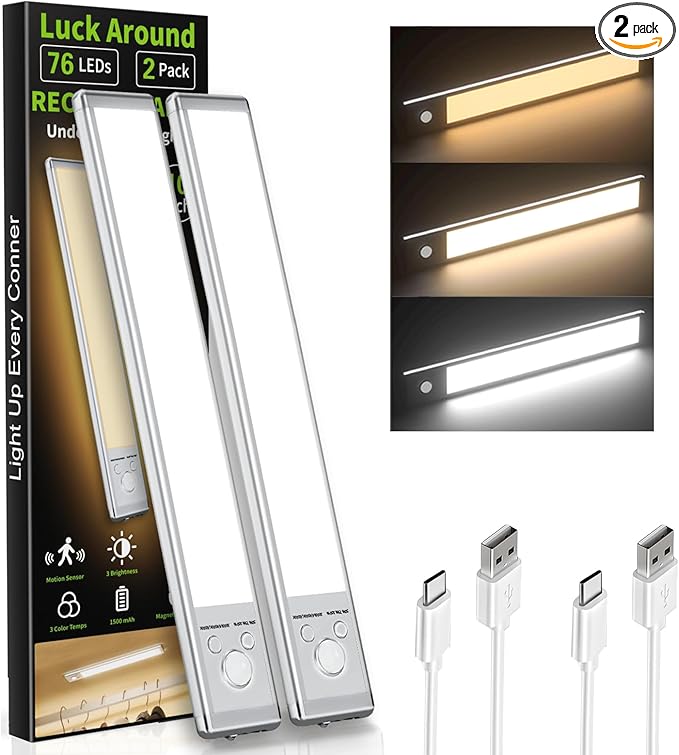 Under Cabinet Lighting, 2 Pack Motion Sensor Light Indoor, 76 LED USB Rechargeable Battery Operated, 3 Levels Dimmable Magnetic Closet Lights, Wireless Under Counter Lights for Kitchen Stairs Hallway