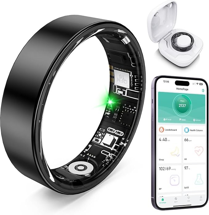 Smart Ring with Sleep Monitoring, Step Counting, Heart Rate for iPhone and Android, No Subscription Fee, IP68 Waterproof Health Tracker (Blue, 8) (Black, 7)
