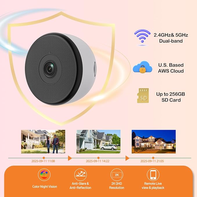 3MP Window Security Camera, 5GHz & 2.4GHz WiFi 6 Indoor/Outdoor Monitoring, Max AI Color Night Vision, 110° Wide Angle, Easy Stick-on Install, Alexa Compatible, 24/7 Recording