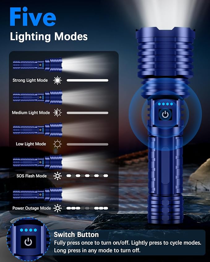 Super Bright Rechargeable LED Flashlights, 2500,000 True High Lumens, Powerful Tactical Flashlight Up to 25H Long Battery Life |Zoomable|5Light Modes|IP67 Water Resistant for Camping (Blue)