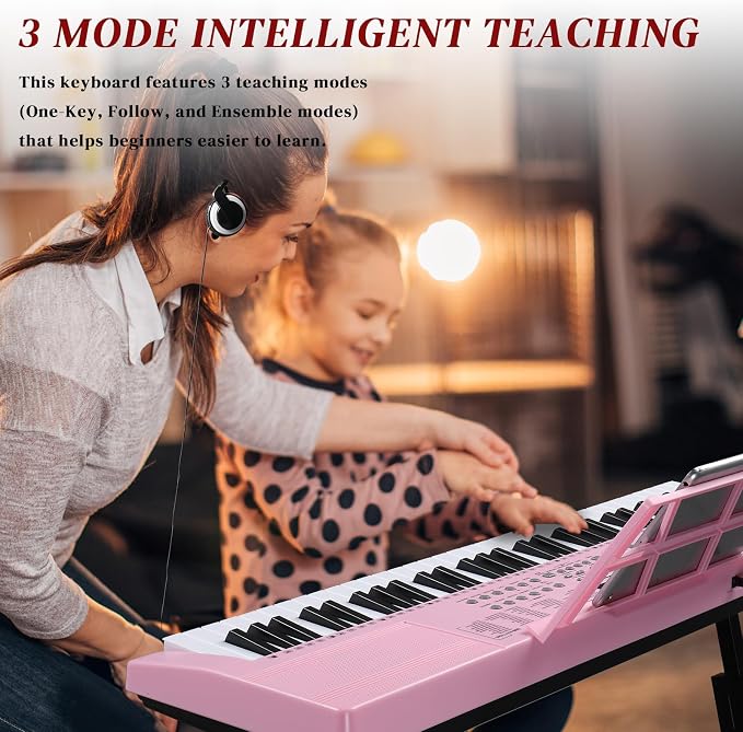 Ktaxon 61 Key Keyboard Piano Electric Keyboard w/Lighted Keys, Electric Piano Set with Headphones, Microphone, Music Rest, Power Adapter, Stand, Piano Bench and Manual (Full-Pink)