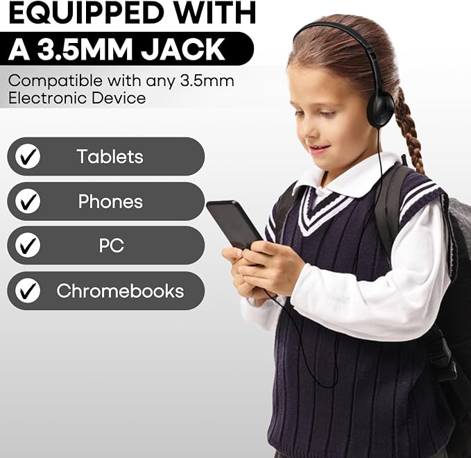 Classroom Headphones Bulk 25 Pack Class Set for School Students Kids and Adult -Sturdy Wired 3.5mm Plug (Black, 25 Pack)