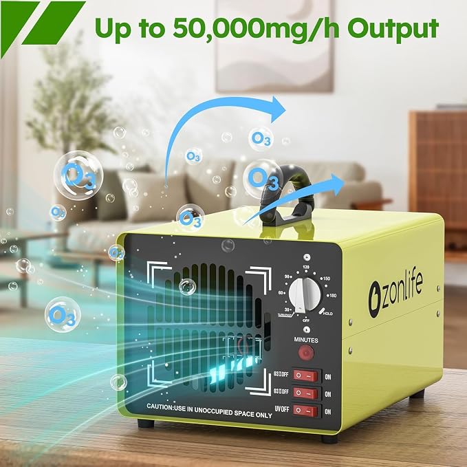 Ozone Generator 50,000mg/h with 180 Min Timer Independent Light | Powerful Odor Removal Portable Ozone Air Purifier with O3 Odor Clean for Large Spaces (10,000 Sq.Ft), Cars, Homes, Hotel