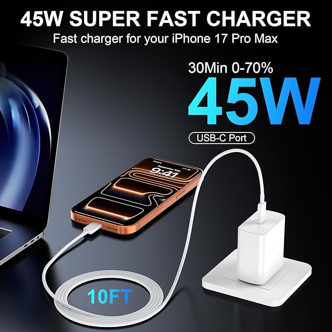 Phone 17 16 Pro Max Charger Fast Charging, 45W USB C Phone 17 16 Super Fast Charger Block with 6.6ft Long Type C Charging Cable Cord for i.Phone 17 Pro Max/17 Pro/17 Air/17/16/16Pro/16-White+Black