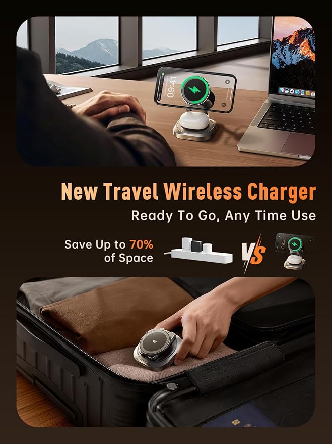 3-in-1 Foldable Qi2.2 25W Magnetic Wireless Charger Stand for iPhone Black | 360° Rotatable Charging Station for Airpods & Apple Phone Watch Earbuds for Travel Desk Home (No Adapter)