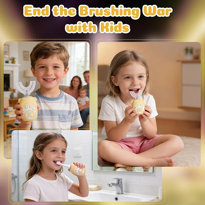 Kids U Shaped Electric Toothbrush for Age 2-12, Rechargeable Toddler Toothbrush with Smart Timer & 3 Clean Modes, Cat's Claw Design, IPX7 Waterproof, 3 Brush Heads & 360°Cleaning