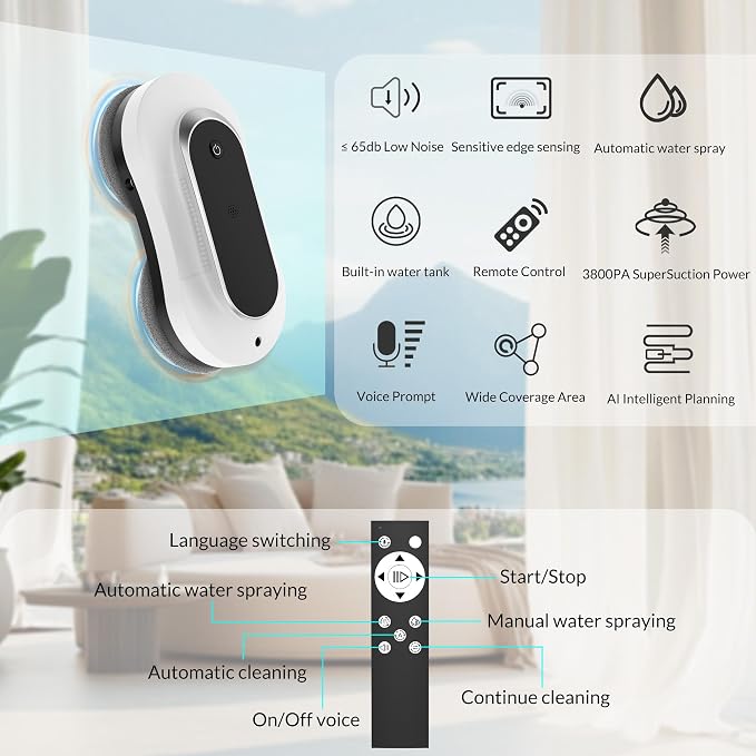Smart Winbot,Window Cleaning Robot with Dual Water Spray, Automatic Window Cleaner Robot for Windows/Tiles/Glass Door,3000Pa Suction Power, Edge Detection Technology,APP&Remote Control Washer
