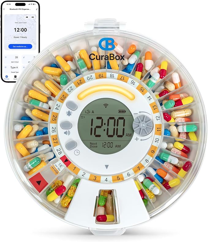 Wi-Fi Automatic Pill Dispenser 28-Day Medication Assistant for Seniors & Caregivers with Remote App Monitoring, Alarms, Sound Light Reminders, Tracks Adherence History, Clear LCD Display, Key Lock