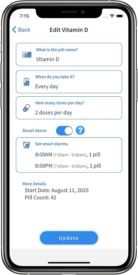 Monthly Pill Organizer by Ellie | Organize Pills in Seconds | Alarm & Phone Notification | Caregiver Notifications | Lights Indicate Which Pills to Take and How Many