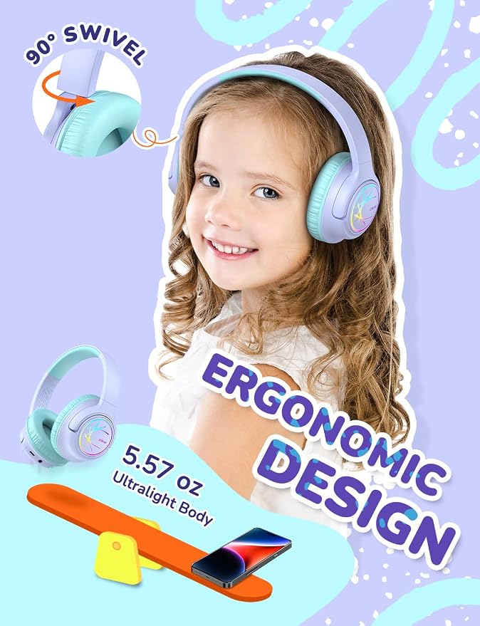 iClever 2 Pack Kids Bluetooth Headphones with LED Lights, BTH18 Safe Volume 74/85dBA, 43H Playtime, Bluetooth5.3 Kids Headphones Wireless Aux Cord for iPad/Tablet/Travel/School, Purple & Black