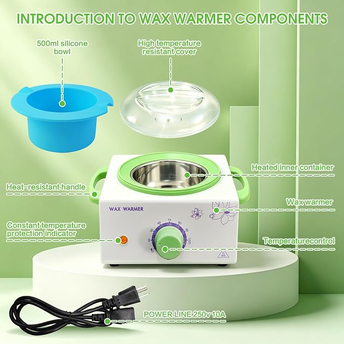 Wax Warmer for Hair Removal, Professional Waxing Heater Pot with Adjustable Temperature for Women Men, with 20 Wooden Wax Sticks(White-Single Pot)