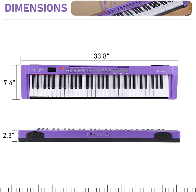Lexington 61 Key Keyboard Piano, Complete Electronic Piano Keyboard Set for Beginners Adults, Portable Music Keyboard with Lighted Keys, Teaching Modes, Stand, Case, Microphone (Purple)