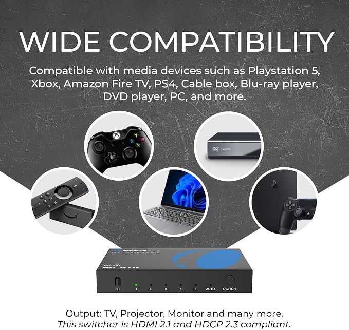 OREI 8K HDMI Switch 5 in 1 Out – HDMI 2.1 Switcher 4K 120Hz, 48Gbps 8K@60Hz, 5 Port HDMI Switch with Remote, HDR10+, VRR, ALLM, QFT, CEC for PS5 Xbox Roku Fire TV