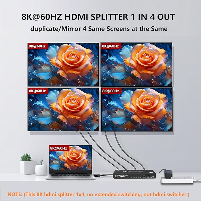 8K HDMI Splitter 1 in 4 Out,4k@120Hz 1X4 hdmi 2.1 Splitter Support 8k@60Hz,4:4:4,48 Gbps,EDID,Auto Down Scaler,8K & 4K or 1080P Sync HDCP 2.3, VRR, HDR10+ for PS5，Laptop,HDTV,Projector