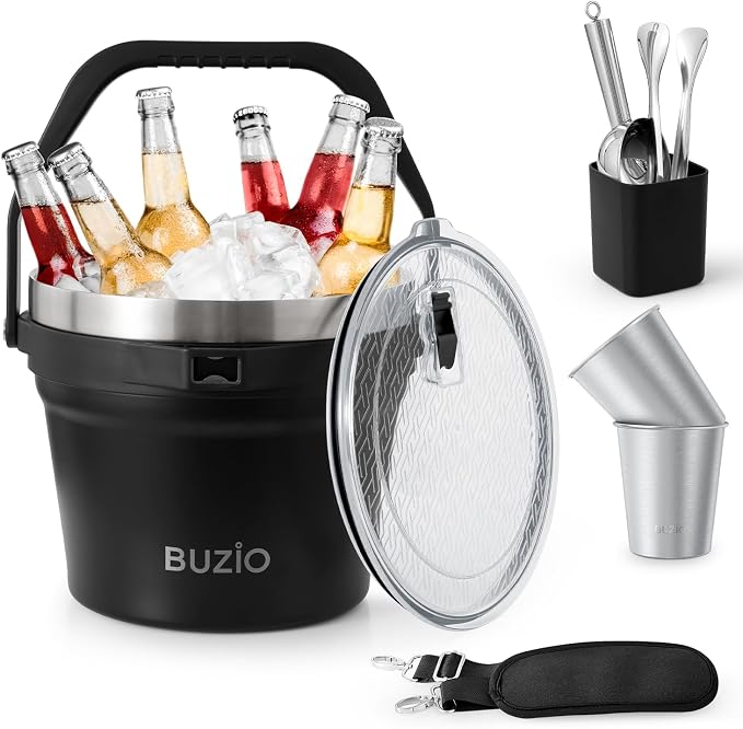 BUZIO 7.4 Qt/7 L Insulated Ice Bucket with Lid, Scoop, Tongs & Metal Cups, Double Wall Vacuum Stainless Steel Beer Bucket, Holds 6 Longnecks/3 Wine Bottles, for Parties Bar, Black
