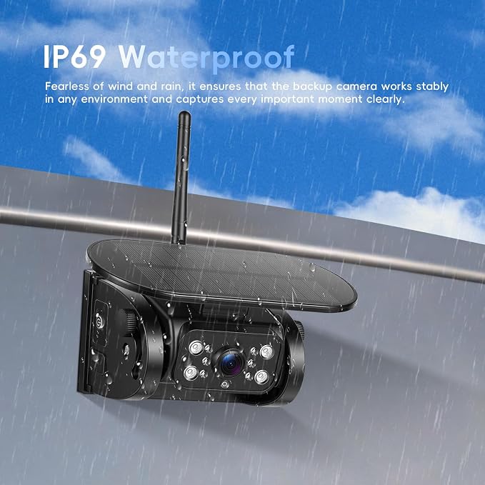 Dual Magnetic Solar Wireless Backup Cameras with 7'' HD 720P Monitor System, 1-Min Install-Free IP69 Waterproof Night Vision Reverse Camera for Trailer/Truck/RV/Camper/Tractor
