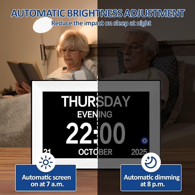 10.1" Touchscreen Digital Calendar Alarm Clock, Dementia Clocks for Seniors Extra Large Display Clock with Day and Date for Elderly, 40 Reminders&64 Alarms&Auto-Dimming&Auto DST(White)