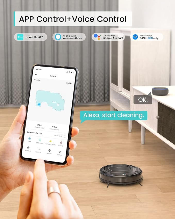 Lefant M210 Pro Robot Vacuum, Slim Quiet, 3 Adjustable Suction Levels, 6 Modes, Robot Vacuum Cleaner for Pet Hair, Hard Floors & Low Carpets, Self-Charging, WiFi/App/Alexa Control, Black