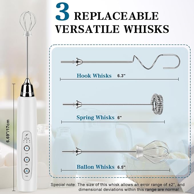 BSRGMS Milk Frother Handheld for Coffee, Electric Whisk 3 Speed Adjustable, Drink Mixer with Stainless 3 Whisks, Rechargeable Hand Frother Wand, Foam Maker for Latte Cappuccino Hot Chocolate Egg White
