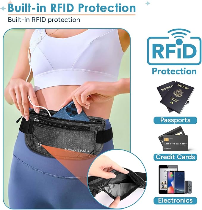 travel inspira RFID Blocking Travel Money Belt with Anti-Thief Zip - Slim Passport Holder and Digital Luggage Scale 110 Pounds, Battery Included