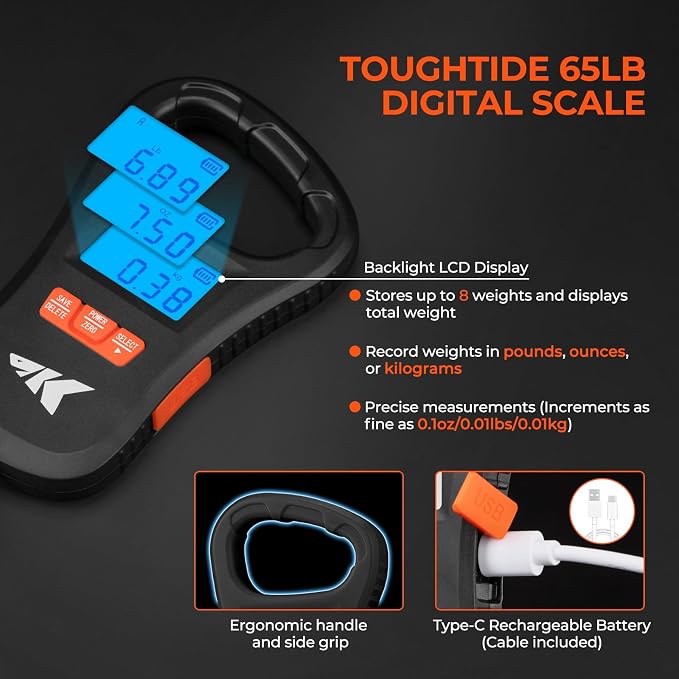 KastKing ToughTide Fishing Scale, USB Charging, 65lb Capacity, Ultra-Thin Digital Fish Scale, LCD Display, Ergonomic Handle, Fish Scales Digital Weight, Fishing Accessories for Men