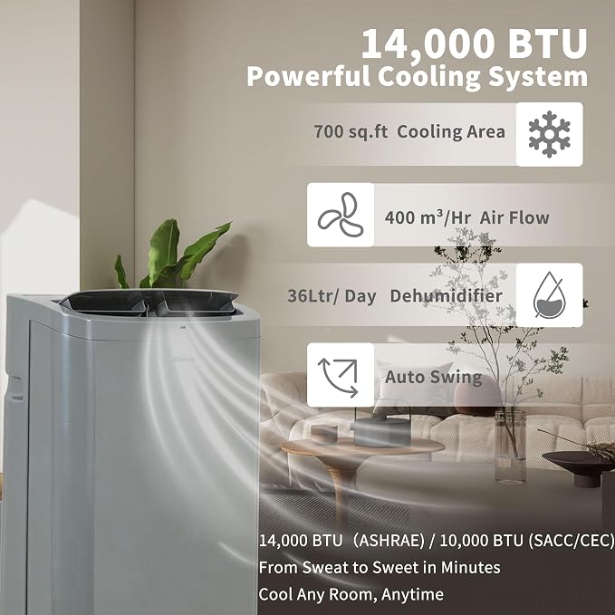 Shinco 14,000 BTU Grey Portable Air Conditioner, Portable AC Unit with Built-in Cool, Dehumidifier & Fan Modes for Room up to 700 sq.ft, Room Air Conditioner with Remote Control, Installation Kit