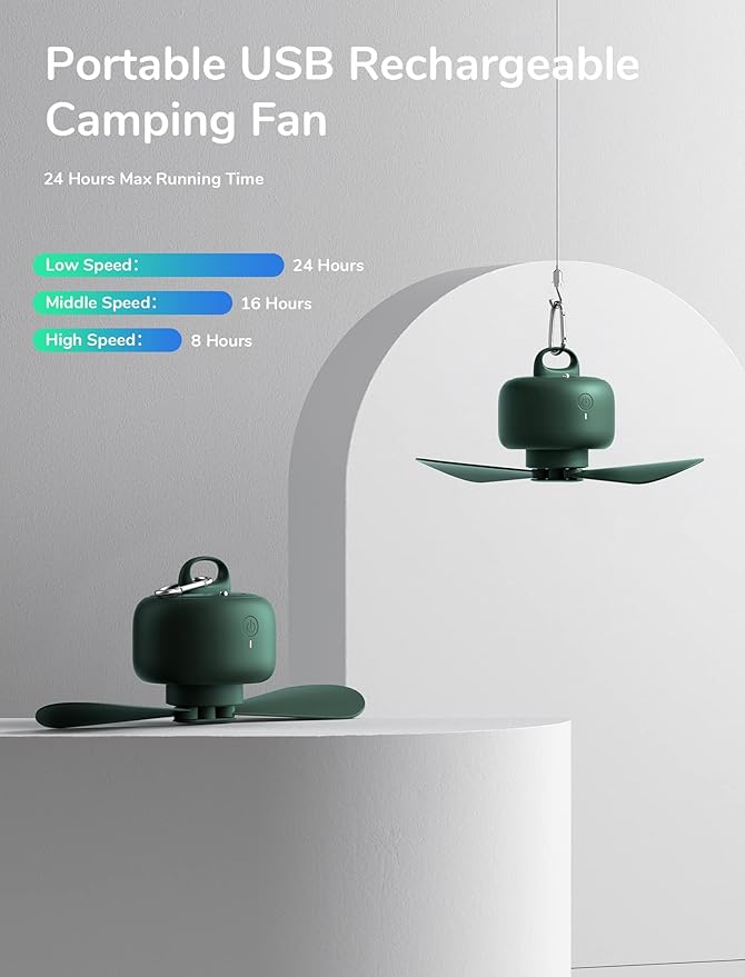 JISULIFE Camping Fan 8000mAh Battery Operated, Portable Tent Rechargeable with Remote Control, Detachable Fan-Blades, Hanging Hook, Timer, 4 Speeds for Outdoor Dorm-Green