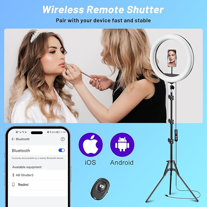 12'' Ring Light with Stand 75'' Tall & Phone Holder, 100+ Color Modes Selfie Light with Tripod Stand, Big LED Circle Lights for iPhone/Android/Camera/YouTube/Makeup/Live Stream/TikTok/Video