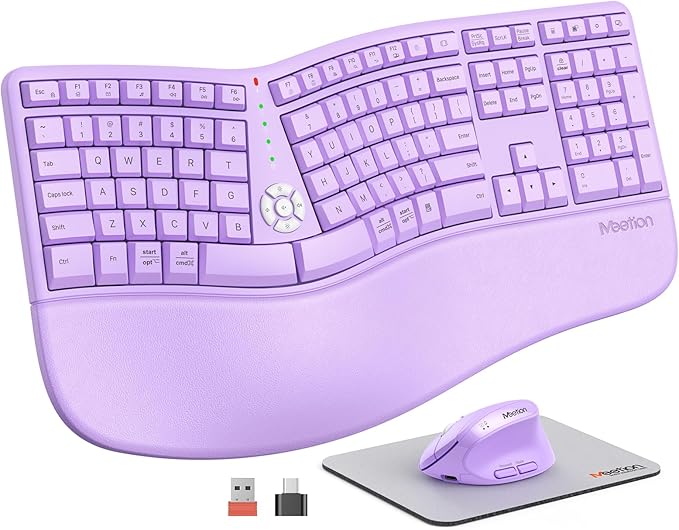 MEETION Ergonomic Wireless Keyboard and Mouse, Curved Keyboard with Vertical Mouse, Split Ergo Keyboard with Wrist Rest, Natural Typing Rechargeable Full Size, Windows/Mac/PC/Laptop, Purple