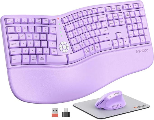 MEETION Ergonomic Wireless Keyboard and Mouse, Curved Keyboard with Vertical Mouse, Split Ergo Keyboard with Wrist Rest, Natural Typing Rechargeable Full Size, Windows/Mac/PC/Laptop, Purple