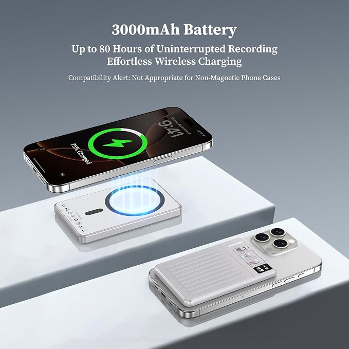 AI Voice Recorder - Voice Recorder w/No Fee for Transcribe & AI Summarize by ChatGPT, APP & Web Control, 121 Languages, 64GB Memory, Wireless Charging,Digital Voice Recorder for Meetings/Calls Silver