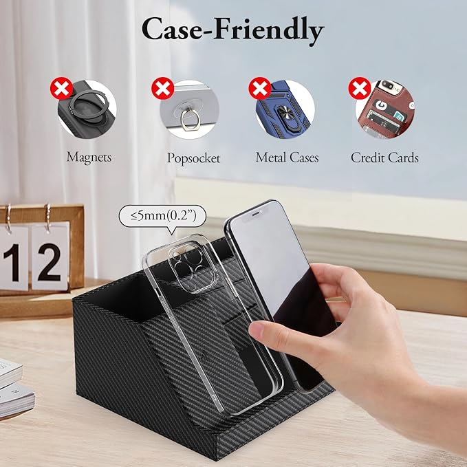 TopMade Wireless Charger Nightstand Organizer, Multi-functional Leather Home Office Supplies, Fast Charging Station for iPhone, Remote Control Pen Holder, Desktop Storage (Black Carbon Fiber)