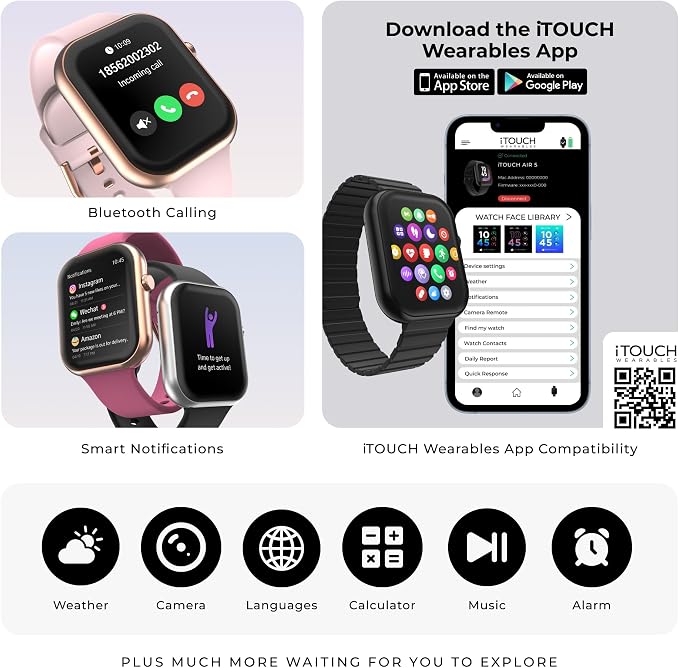 iTouch AIR 5 Smartwatch, 1.85" AMOLED Display, Bluetooth Calling, 100+ Sports Modes, Heart Rate, SpO2, Sleep & Stress Tracking, Water Resistant, 7-Day Battery Life, for Android & iPhone