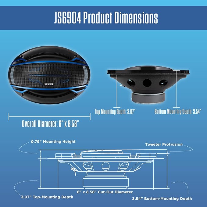Jensen JS-Series JS6904 High Performance 4-Way 6x9-inch Car Speakers (Pair) | 200 Watts Peak Power (50W RMS) per Speaker | 58mm Mylar Balanced Dome Midrange | Two 20mm Piezo Tweeters