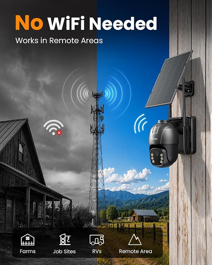 4G LTE Cellular Solar Security Camera with SIM Card AOV 24/7 Recording 360° PTZ Camera Outdoor Wireless with Auto Tracking 12000 Capacity Battery Color Night Vision PIR Detection IP66 No WiFi