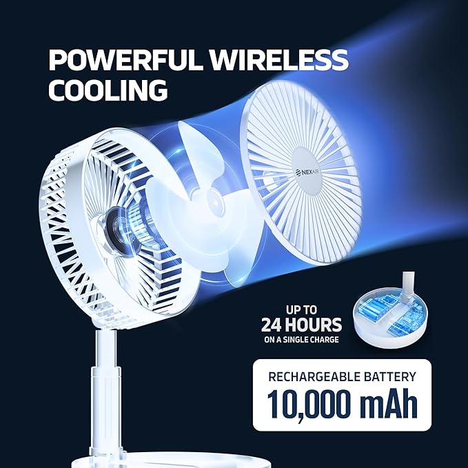 NEXAIR 8" Foldable Fan, Oscillating 4 Speed Portable Fan Adjustable Height 14”–40", Remote Controlled folding Fan with 10,000mAh Rechargeable Battery, Quiet Floor Fan For Bedroom, Great Fan For Travel