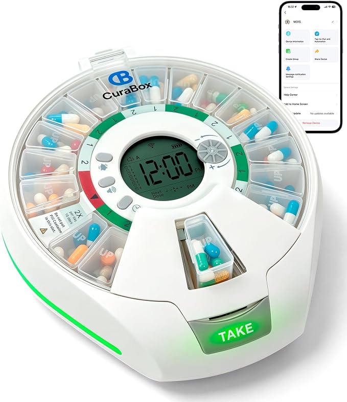 Bluetooth Automatic Pill Dispenser with App, 21 Individual Pods Medication Organizer for Seniors & Caregivers with Tracks Adherence History, Alarms & Light Alerts, Key Lock, for Vitamins Supplements
