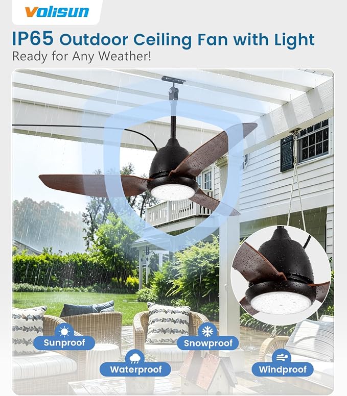 VOLISUN Outdoor Ceiling Fans with Light for Patios, 42in Weatherproof Plug in Ceiling Fan, 3CCT Dimmable Gazebo Ceiling Fan Remote&APP Control, Brown Caged Ceiling Fan for Porch, Pergola,Canopy
