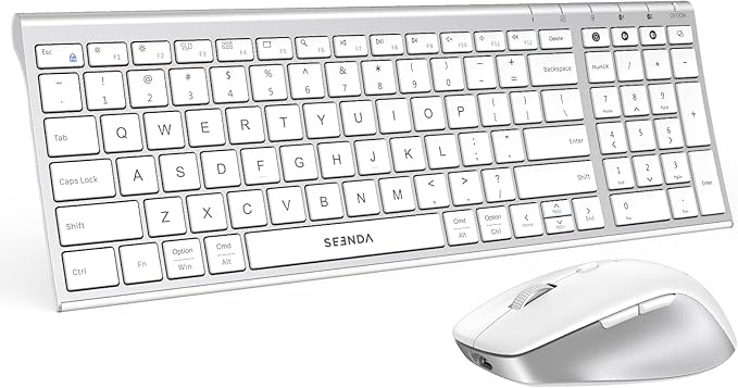 seenda Wireless Bluetooth Keyboard Mouse Combo, COE401 Rechargeable Silent Keyboard Mouse Compact Slim, 3 Multi-Device Connection, Compatible for Windows/Mac PC Laptop MacBook iPad, White Silver