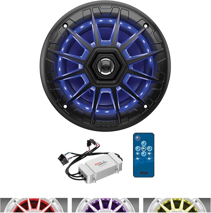 BOSS Audio Systems MRGB65S 6.5 Inch Marine Boat Stereo Speakers - 200 Watts Max (per pair), Coaxial, 2 Way, Full Range, 4 Ohms, Weatherproof, Multi-Color Illumination, Sold In Pairs