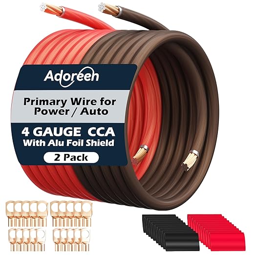 4 Gauge AWG Power/Ground Wire Cable 50 Ft Black+50 Ft Red, High Power Shielded CCA Soft Automotive Welding Battery Wiring Kit,for Car Audio Amp Speaker RV Trailer Marine Solar+ Lugs&Heat Shrink Tubes