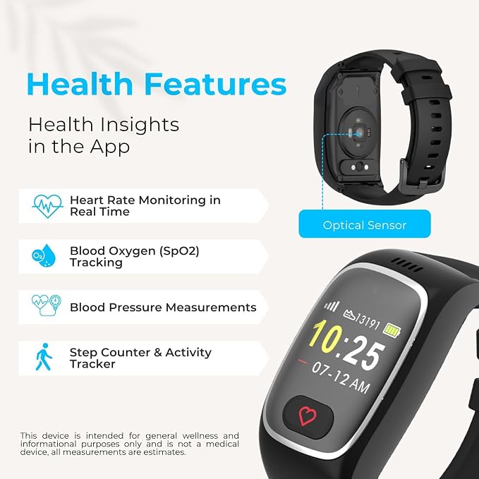 Seculife Medical Alert Smartband for Seniors — Alerts Go Direct to Family, No Call Center | Auto Fall Detection, GPS Tracking, Heart Rate Monitor, 2-Way Calling, SOS Button, Waterproof Wearable